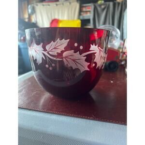 Ruby Glass Vase Older Teleflora Holiday Etched Holly and Berries 5" x 6" Red